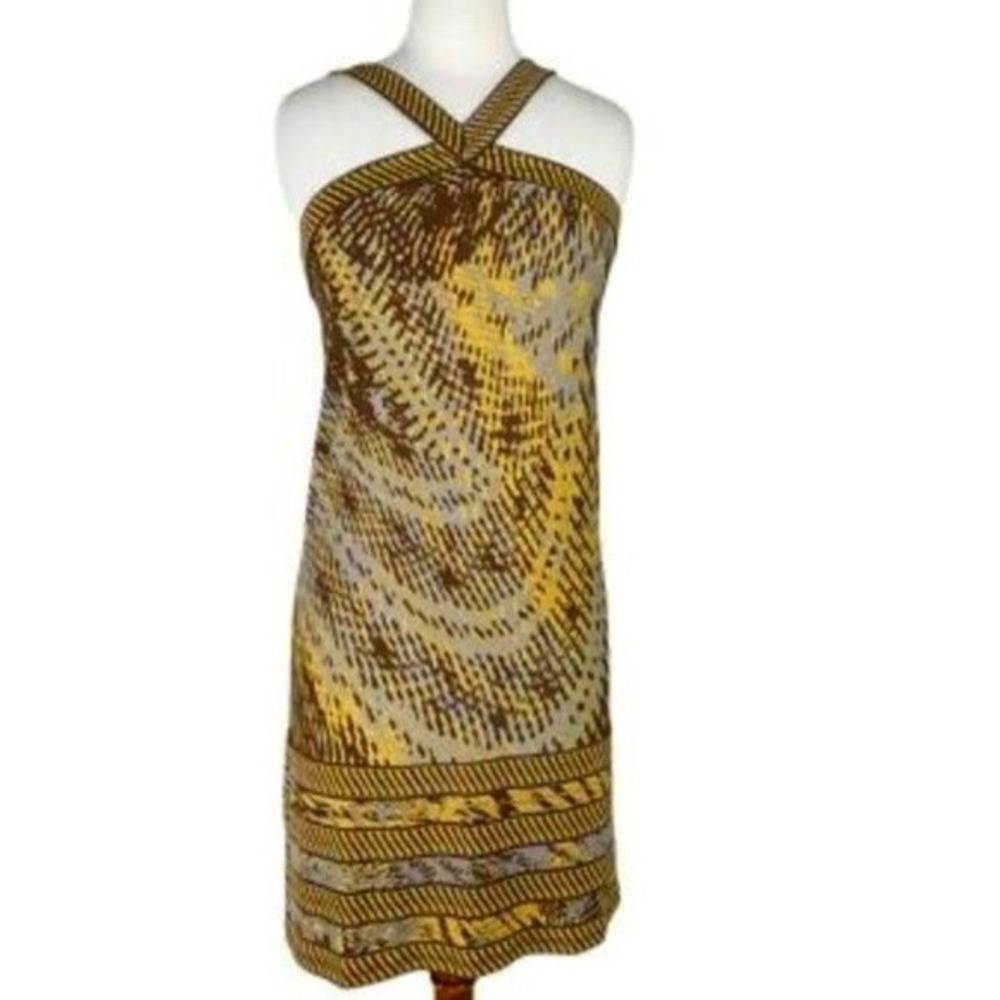 BCBG MAXAZRIA Strappy X Front Dress Large Jersey Knit Geometric Gray Yellow